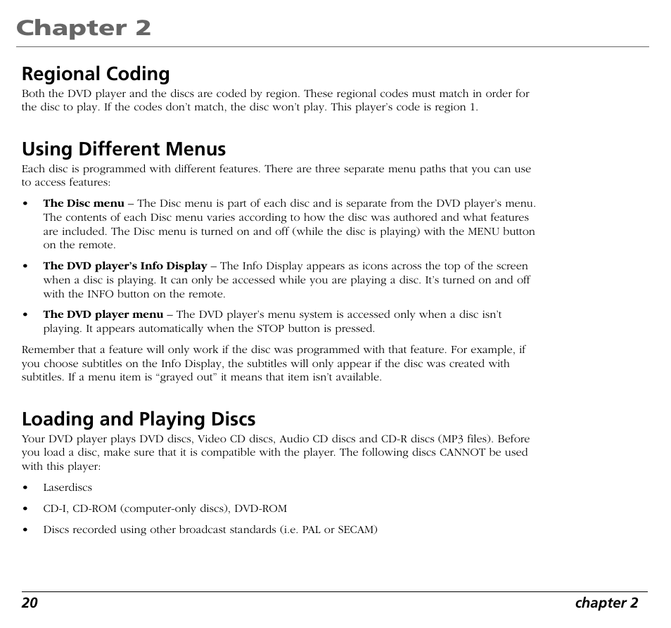 Chapter 2, Regional coding, Using different menus | Loading and playing discs | RCA RC5400P User Manual | Page 24 / 78