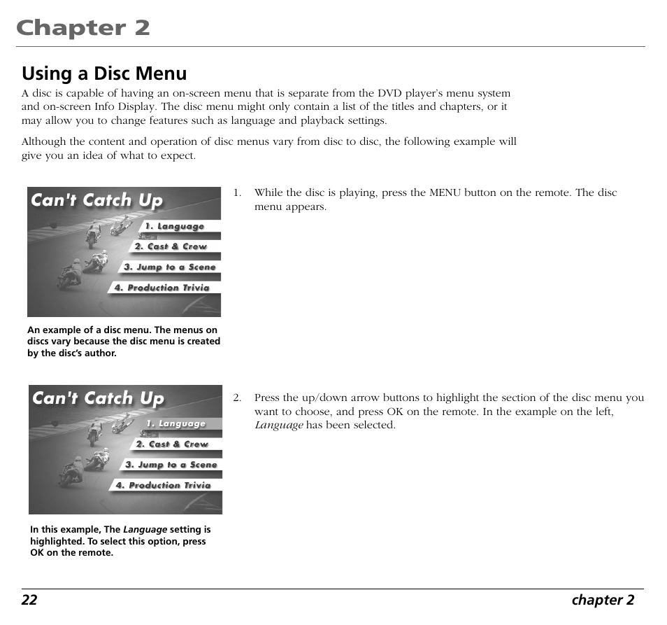 Chapter 2, Using a disc menu | RCA RC5400P User Manual | Page 26 / 78