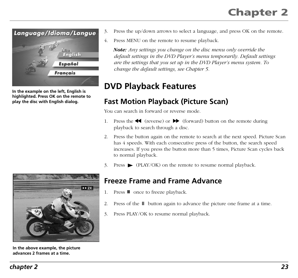 Chapter 2, Dvd playback features, Fast motion playback (picture scan) | Freeze frame and frame advance | RCA RC5400P User Manual | Page 27 / 78