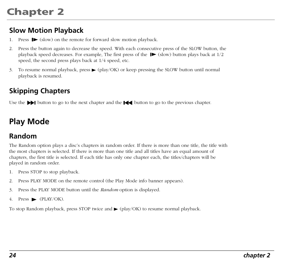 Chapter 2, Play mode, Slow motion playback | Skipping chapters, Random | RCA RC5400P User Manual | Page 28 / 78