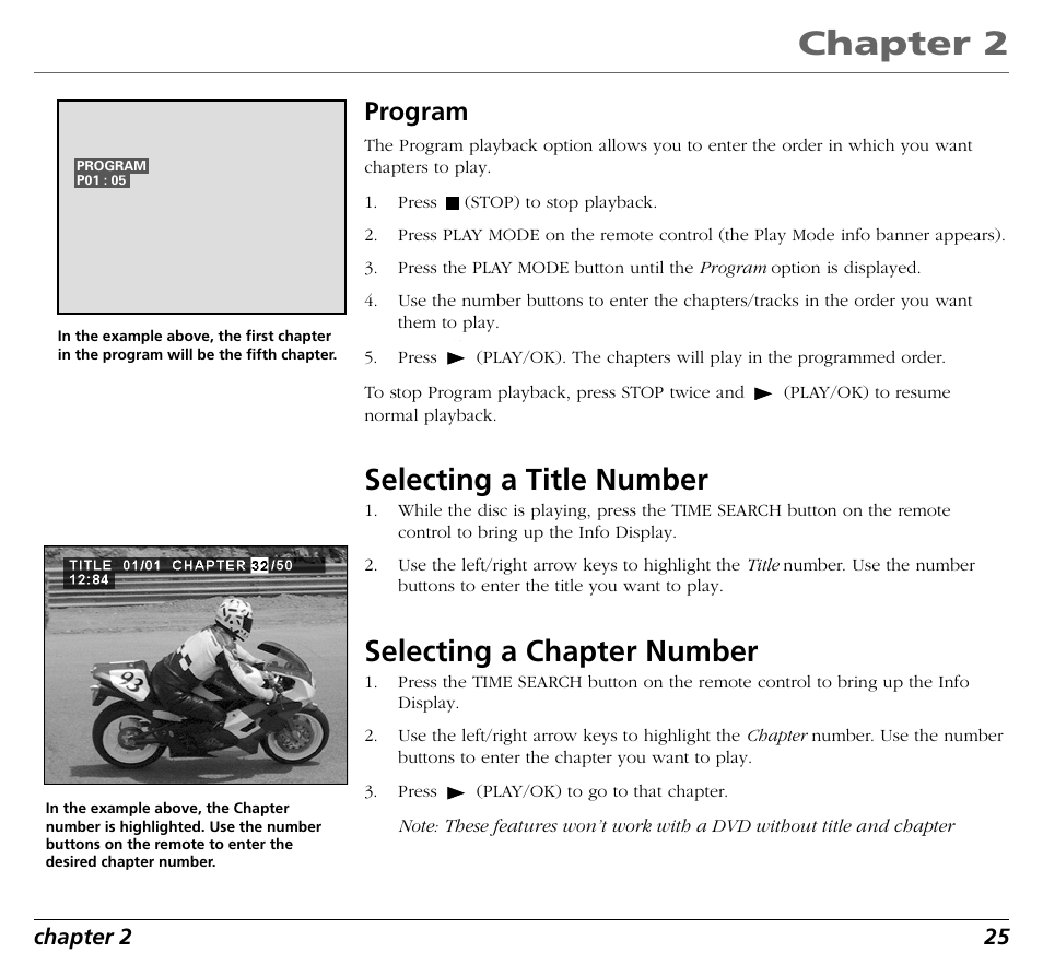 Chapter 2, Selecting a title number, Selecting a chapter number | Program | RCA RC5400P User Manual | Page 29 / 78