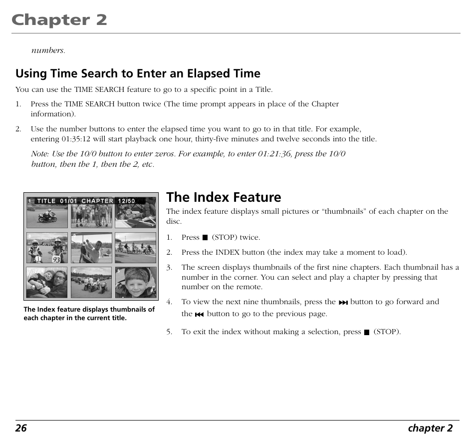 Chapter 2, The index feature, Using time search to enter an elapsed time | RCA RC5400P User Manual | Page 30 / 78