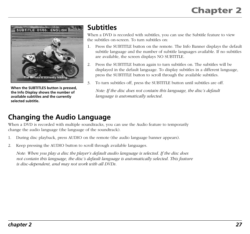 Chapter 2, Subtitles, Changing the audio language | RCA RC5400P User Manual | Page 31 / 78