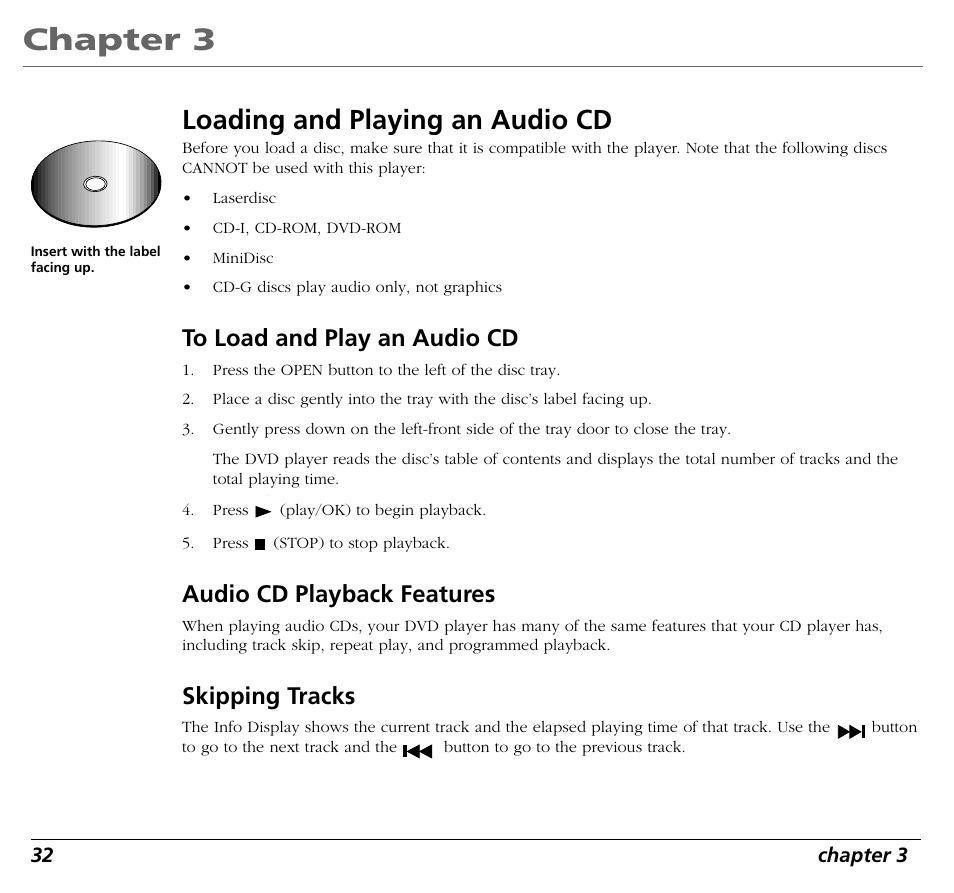 Chapter 3, Loading and playing an audio cd, Audio cd playback features | Skipping tracks, 32 chapter 3 | RCA RC5400P User Manual | Page 36 / 78