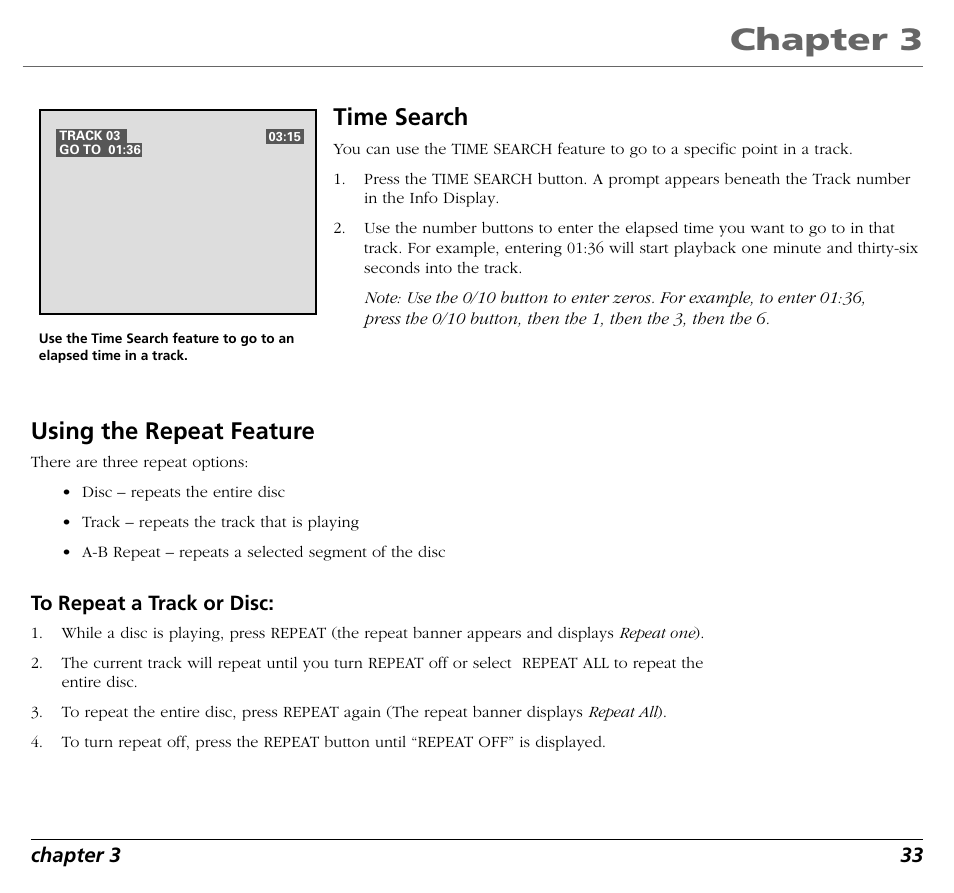 Chapter 3, Time search, Using the repeat feature | RCA RC5400P User Manual | Page 37 / 78