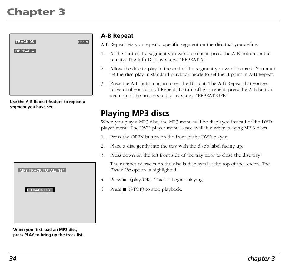 Chapter 3, Playing mp3 discs, 34 chapter 3 | A-b repeat | RCA RC5400P User Manual | Page 38 / 78