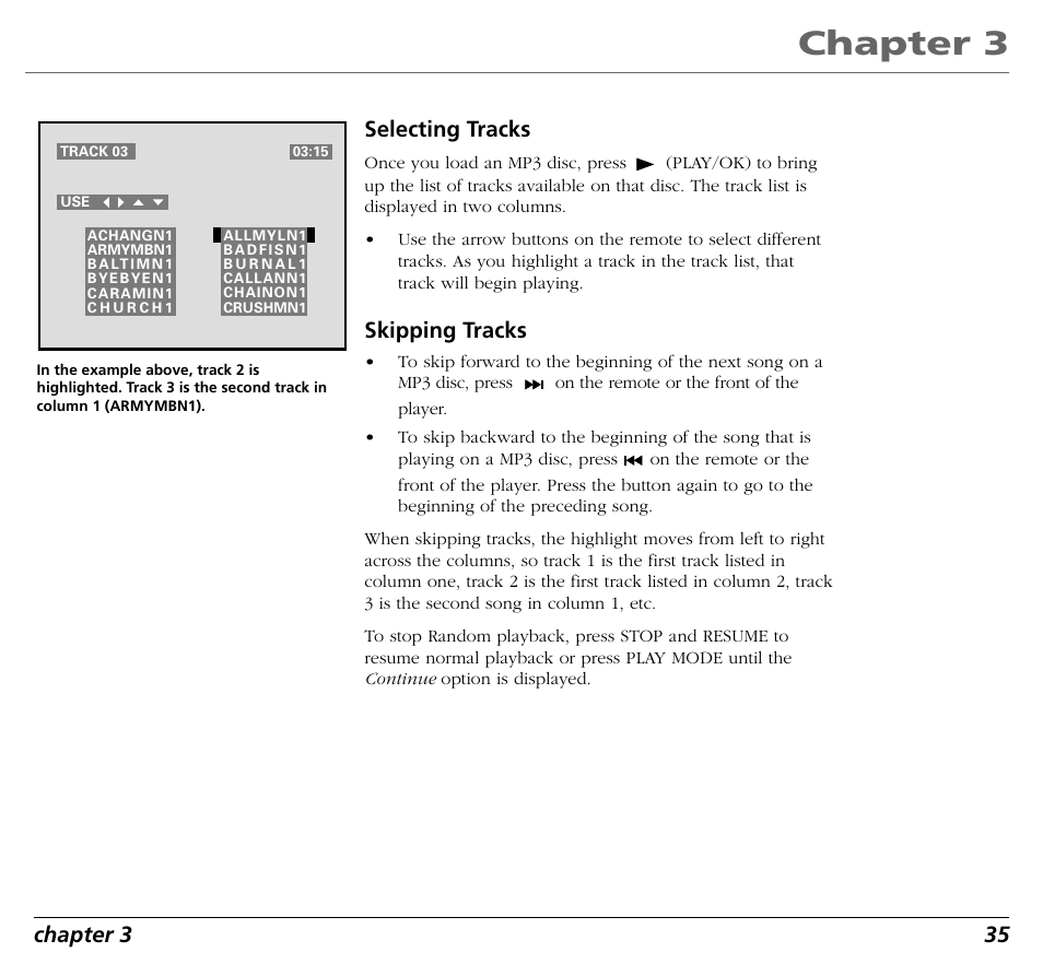 Chapter 3, Chapter 3 35 selecting tracks, Skipping tracks | RCA RC5400P User Manual | Page 39 / 78