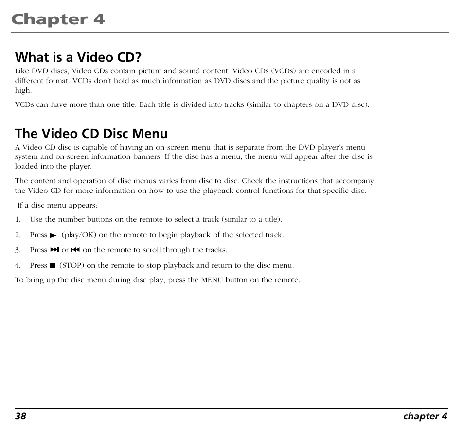 Chapter 4, What is a video cd, The video cd disc menu | RCA RC5400P User Manual | Page 42 / 78