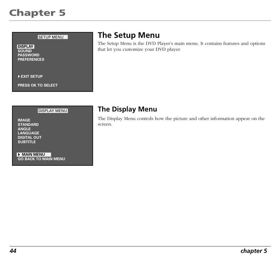 Chapter 5, The setup menu, The display menu | 44 chapter 5 | RCA RC5400P User Manual | Page 48 / 78