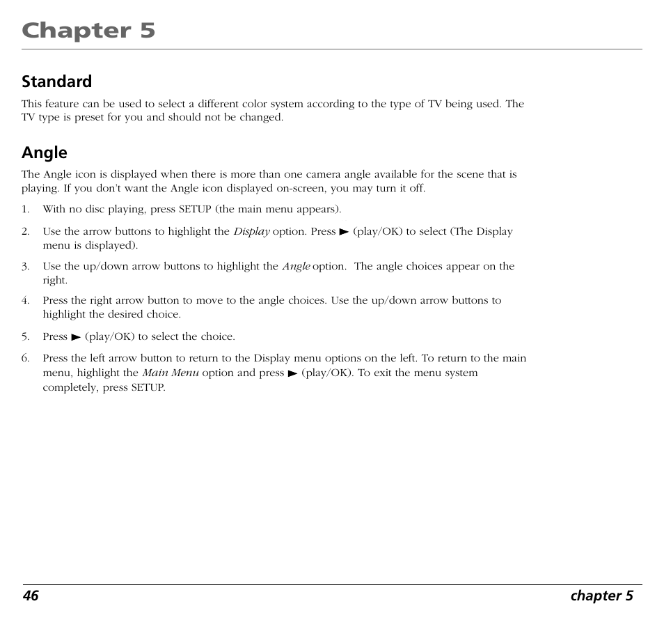 Chapter 5, Standard, Angle | RCA RC5400P User Manual | Page 50 / 78