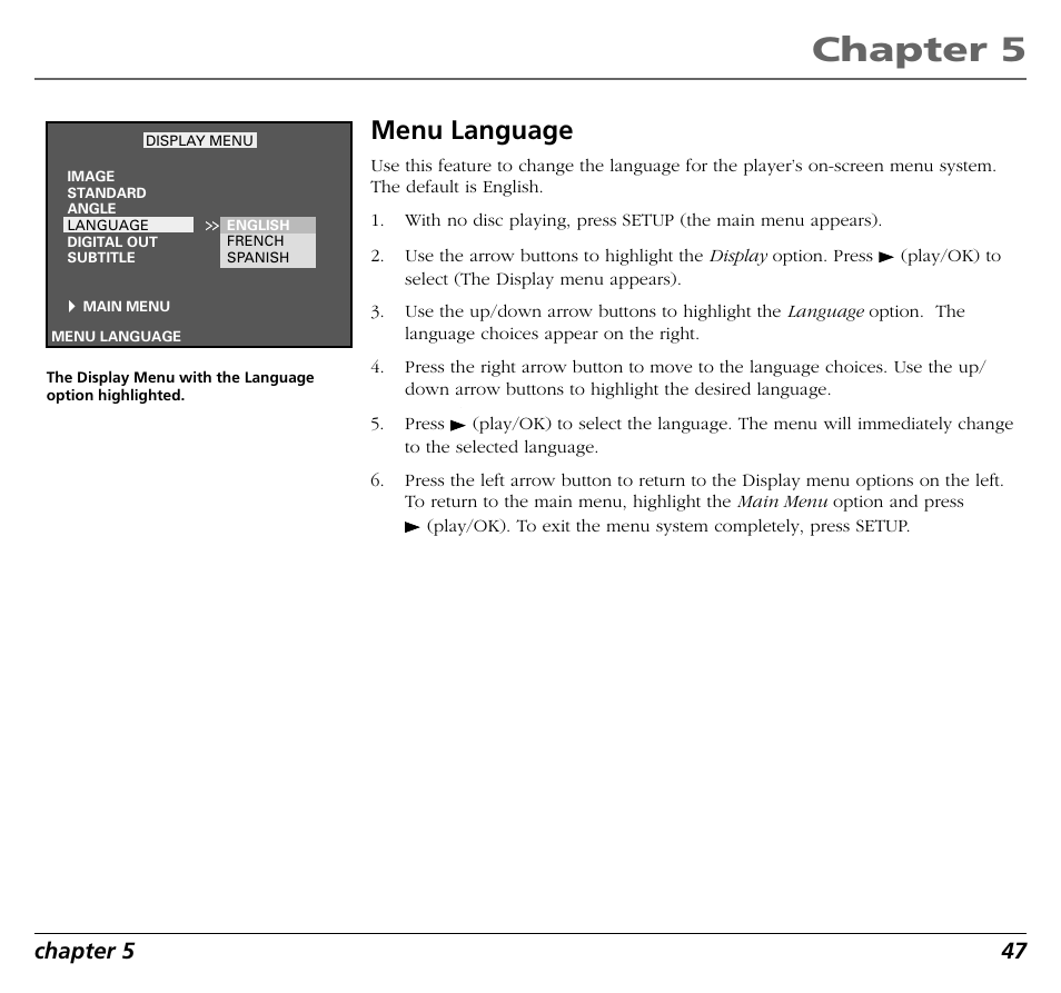 Chapter 5, Menu language, Chapter 5 47 | RCA RC5400P User Manual | Page 51 / 78