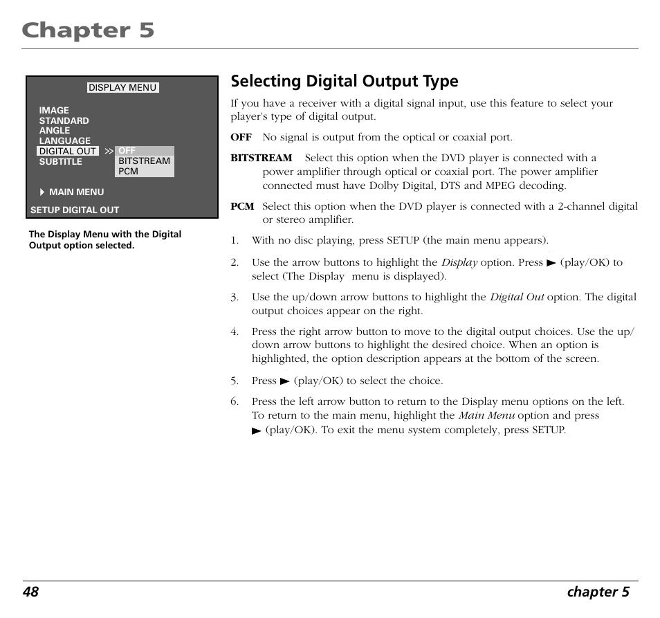 Chapter 5, Selecting digital output type, 48 chapter 5 | RCA RC5400P User Manual | Page 52 / 78