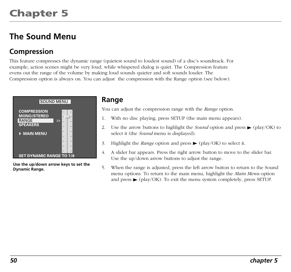 Chapter 5, The sound menu, Compression | Range | RCA RC5400P User Manual | Page 54 / 78