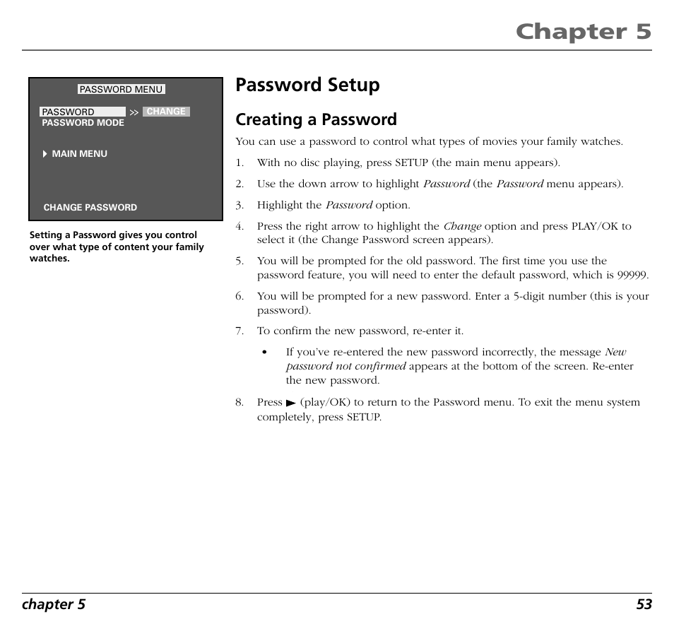 Chapter 5, Password setup, Creating a password | Chapter 5 53 | RCA RC5400P User Manual | Page 57 / 78