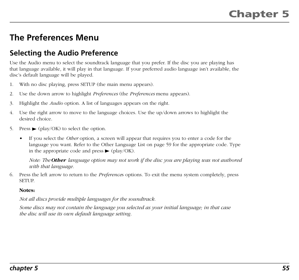 Chapter 5, The preferences menu, Selecting the audio preference | RCA RC5400P User Manual | Page 59 / 78