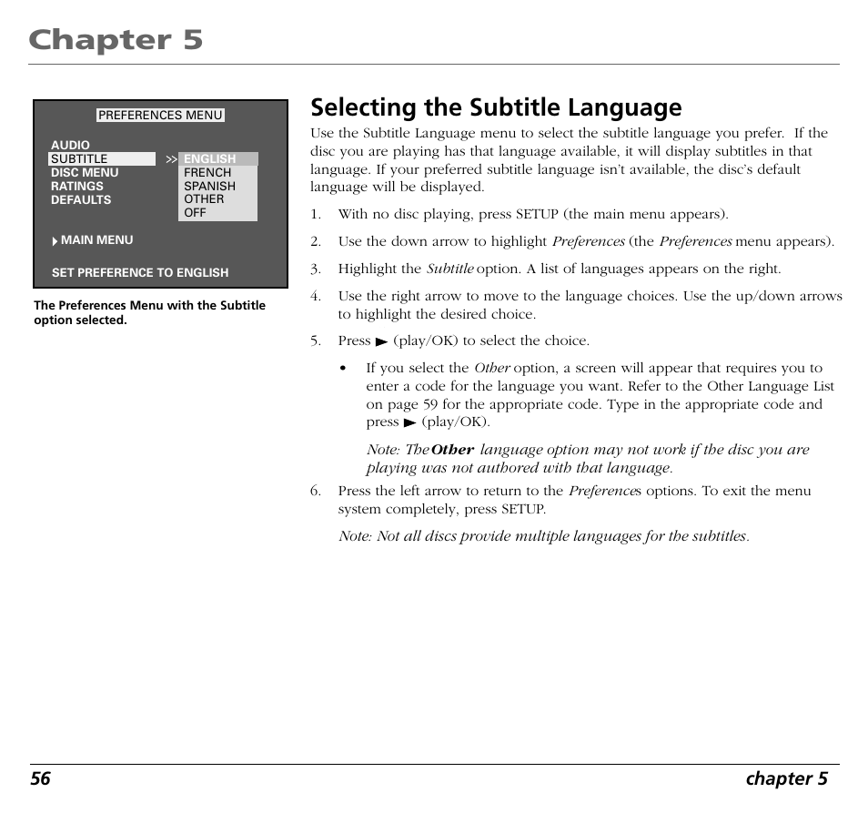 Chapter 5, Selecting the subtitle language, 56 chapter 5 | RCA RC5400P User Manual | Page 60 / 78