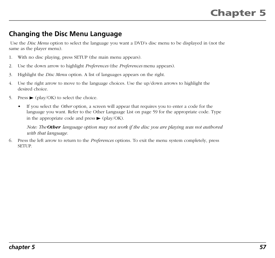 Chapter 5, Changing the disc menu language | RCA RC5400P User Manual | Page 61 / 78