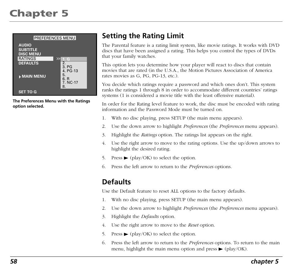 Chapter 5, Setting the rating limit, Defaults | 58 chapter 5 | RCA RC5400P User Manual | Page 62 / 78