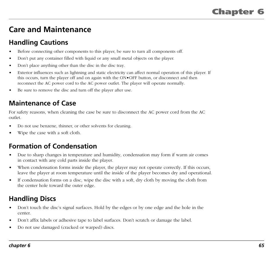 Chapter 6, Care and maintenance, Handling cautions | Maintenance of case, Formation of condensation, Handling discs | RCA RC5400P User Manual | Page 69 / 78