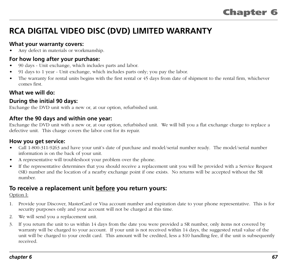 Chapter 6, Rca digital video disc (dvd) limited warranty | RCA RC5400P User Manual | Page 71 / 78