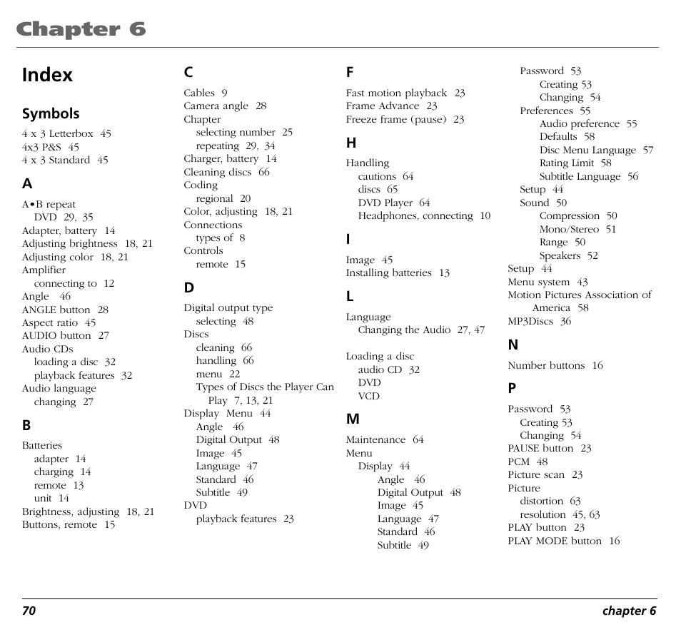 Chapter 6, Index, Symbols | RCA RC5400P User Manual | Page 74 / 78