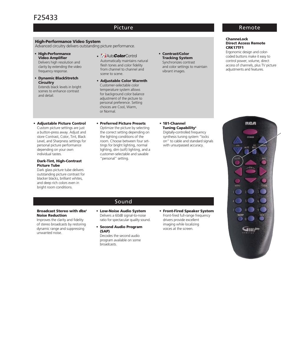 Picture remote sound | RCA F25433 User Manual | Page 2 / 4