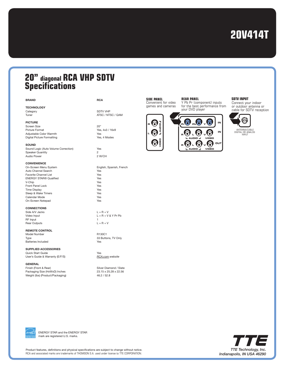 Rca vhp sdtv specifications, Diagonal | RCA 20V414T User Manual | Page 2 / 2