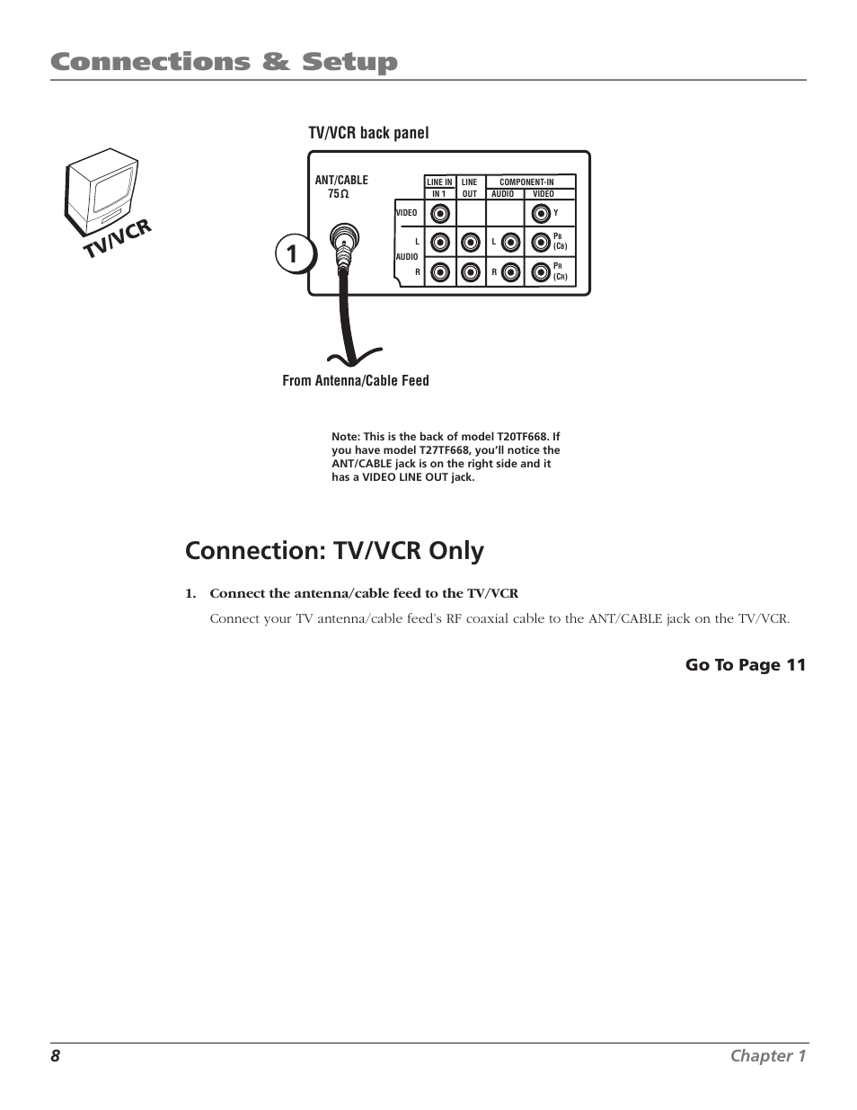 Connections & setup, Connection: tv/vcr only, Tv/vcr | 8chapter 1, Tv/vcr back panel, Go to page 11 | RCA TV/VCR User Manual | Page 10 / 56