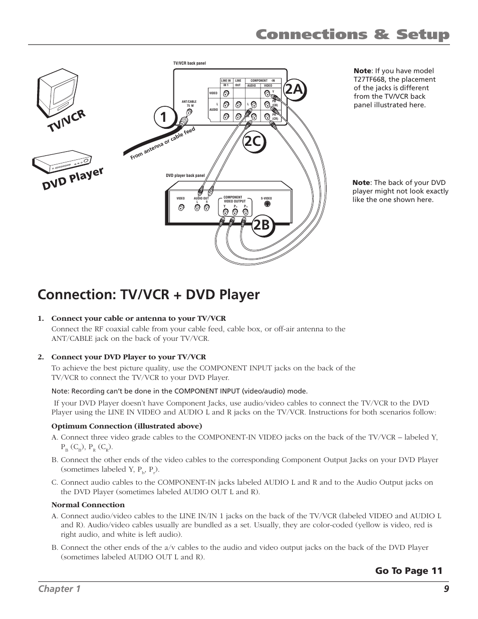 Connections & setup, Connection: tv/vcr + dvd player, 2a 2b 2c | Tv/vcr dvd player, Chapter 1 9, Go to page 11 | RCA TV/VCR User Manual | Page 11 / 56