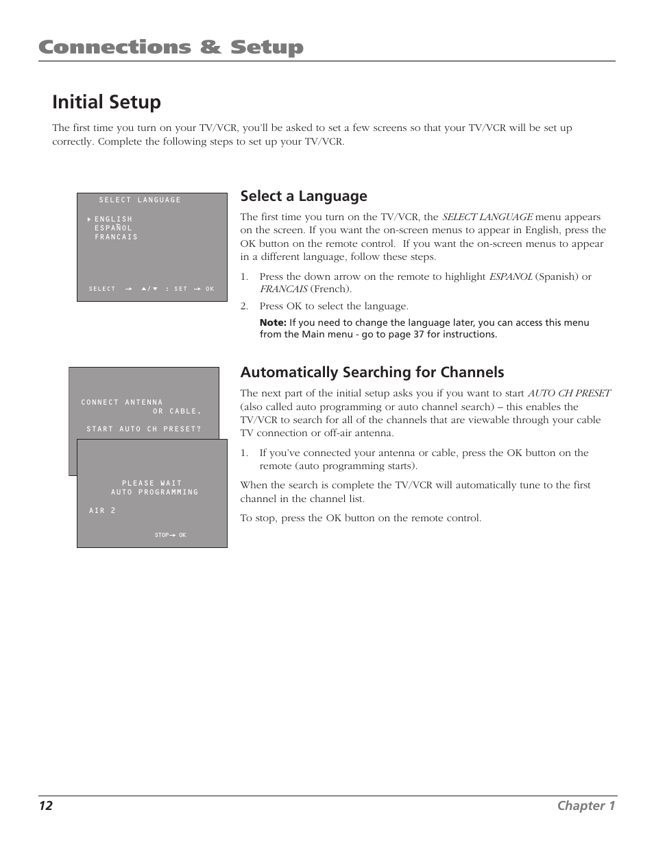 Connections & setup initial setup, Automatically searching for channels, Select a language | 12 chapter 1 | RCA TV/VCR User Manual | Page 14 / 56