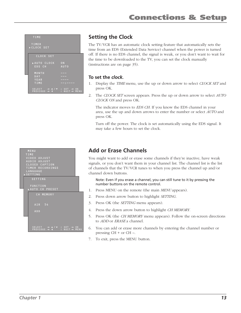 Connections & setup, Setting the clock, Add or erase channels | Chapter 1 13 | RCA TV/VCR User Manual | Page 15 / 56