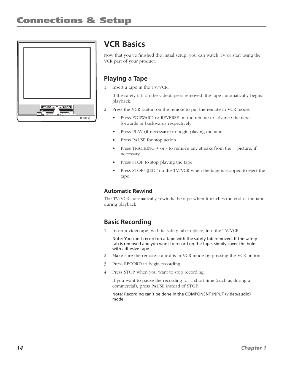 Connections & setup vcr basics, Playing a tape, Basic recording | RCA TV/VCR User Manual | Page 16 / 56