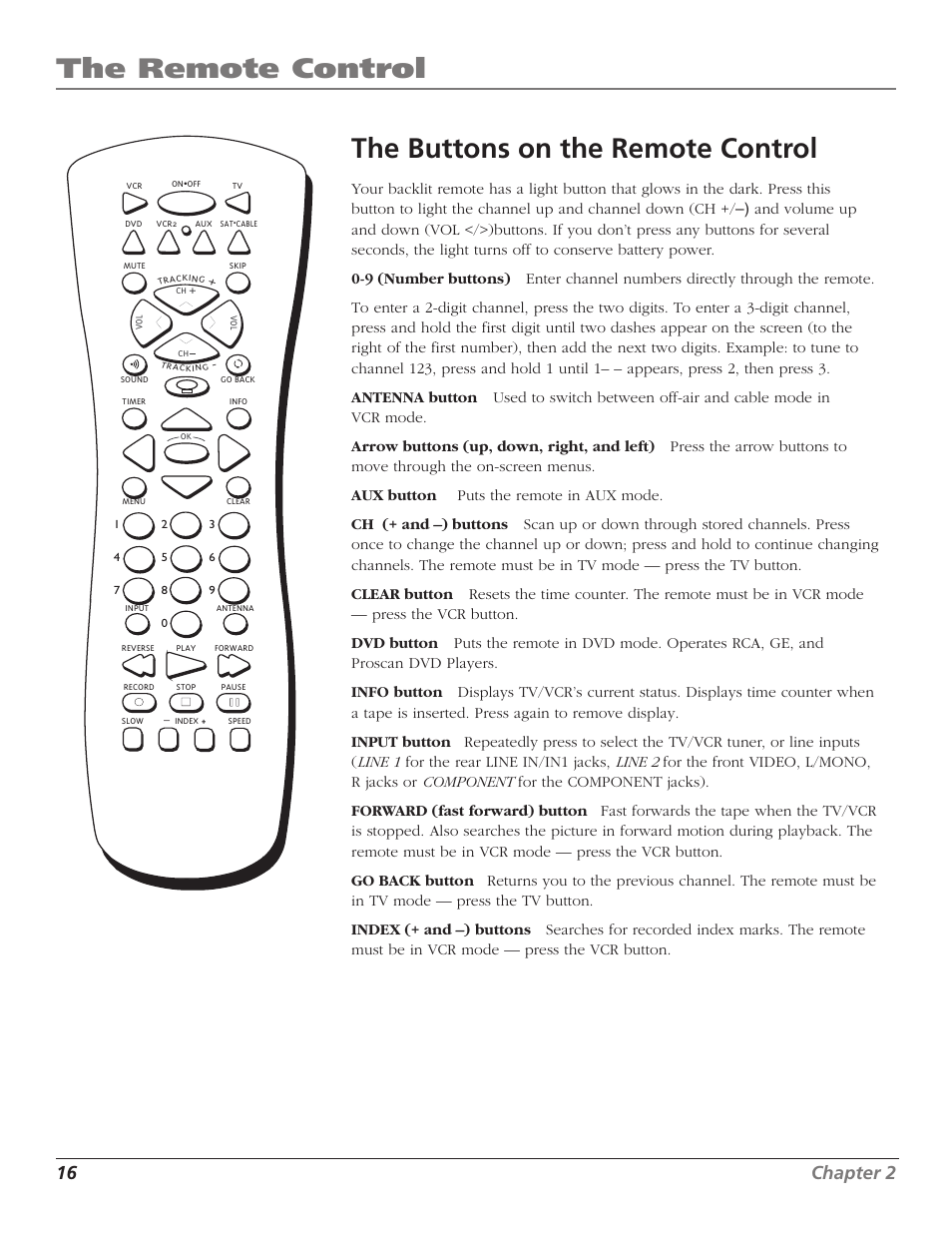 The remote control, The buttons on the remote control, 16 chapter 2 | RCA TV/VCR User Manual | Page 18 / 56