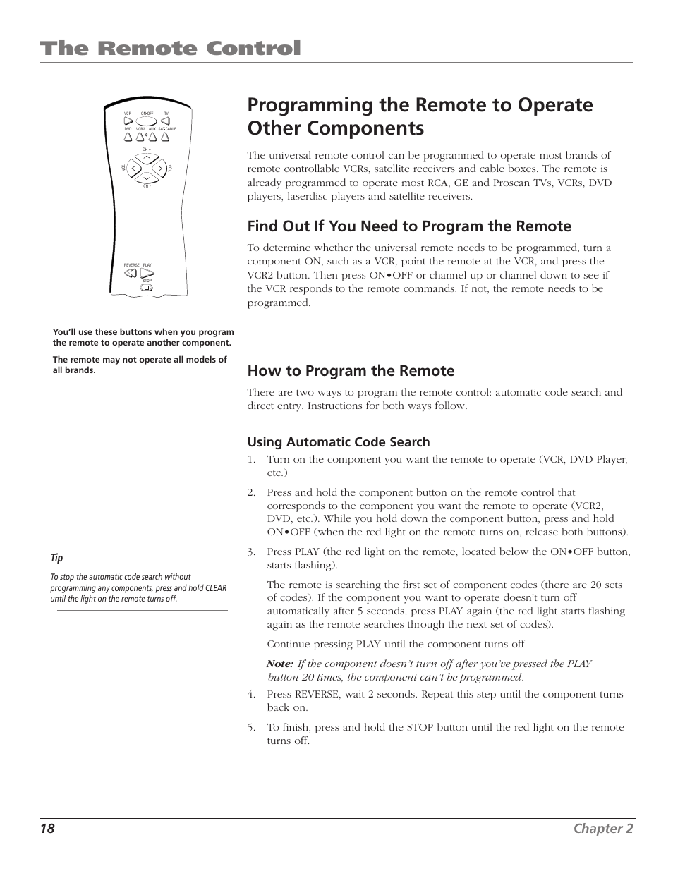 The remote control, Programming the remote to operate other components, How to program the remote | Find out if you need to program the remote, 18 chapter 2, Using automatic code search | RCA TV/VCR User Manual | Page 20 / 56