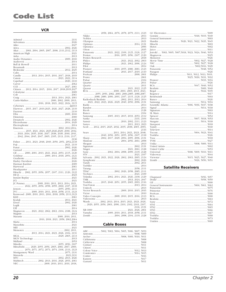 Code list, 20 chapter 2, Cable boxes | Satellite receivers | RCA TV/VCR User Manual | Page 22 / 56