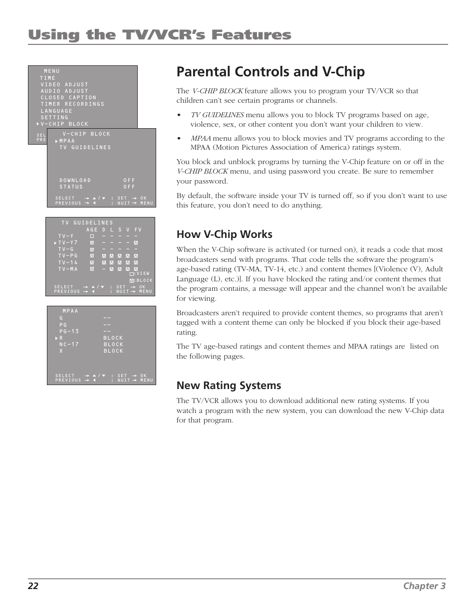 Using the tv/vcr’s features, Parental controls and v-chip, How v-chip works | New rating systems, 22 chapter 3 | RCA TV/VCR User Manual | Page 24 / 56