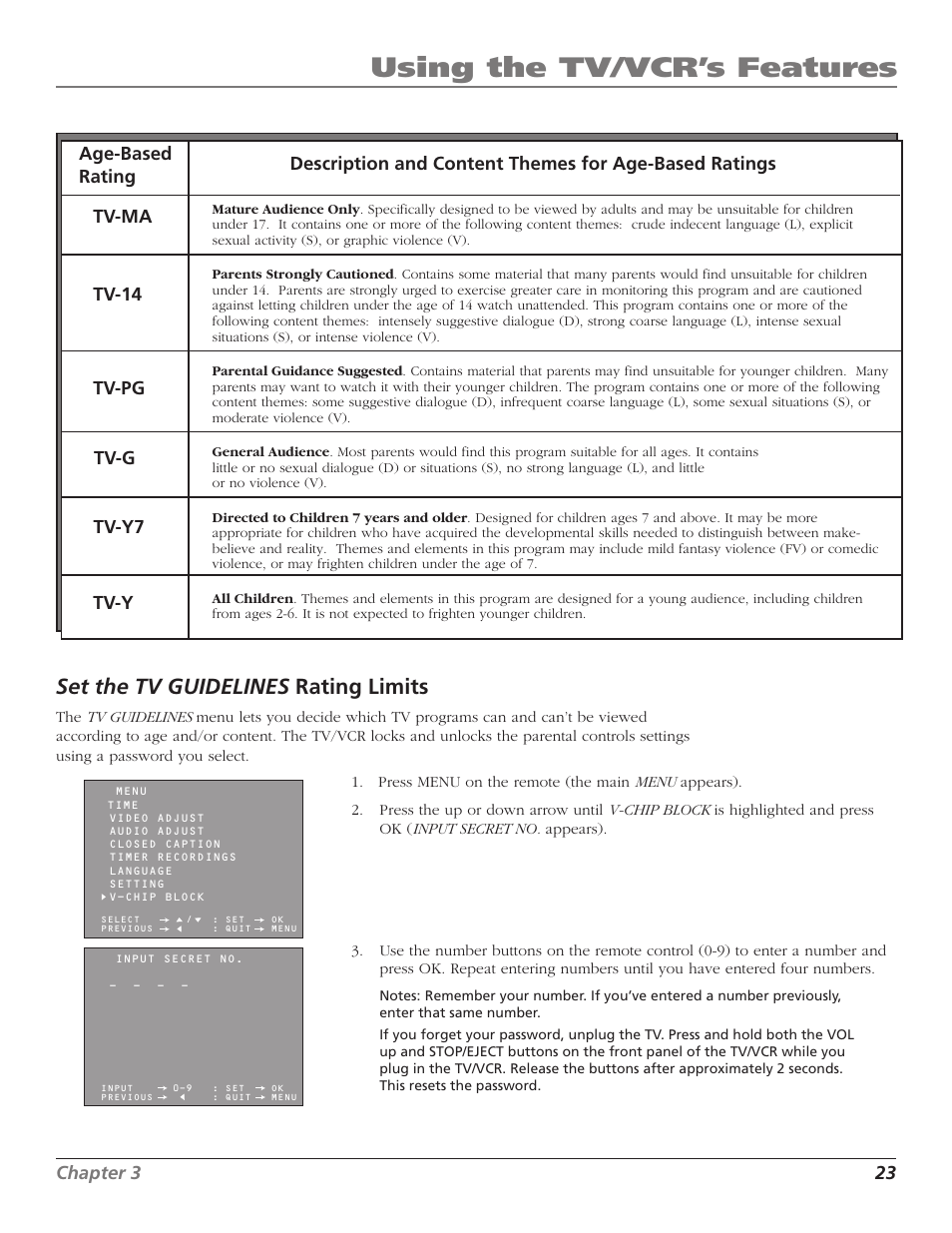 Using the tv/vcr’s features, Set the tv guidelines rating limits, Chapter 3 23 | RCA TV/VCR User Manual | Page 25 / 56