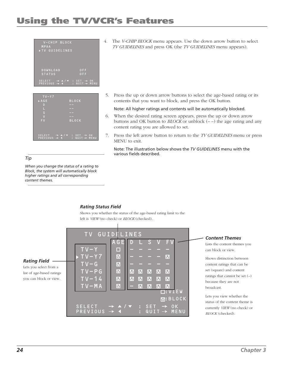 Using the tv/vcr’s features, 24 chapter 3 | RCA TV/VCR User Manual | Page 26 / 56