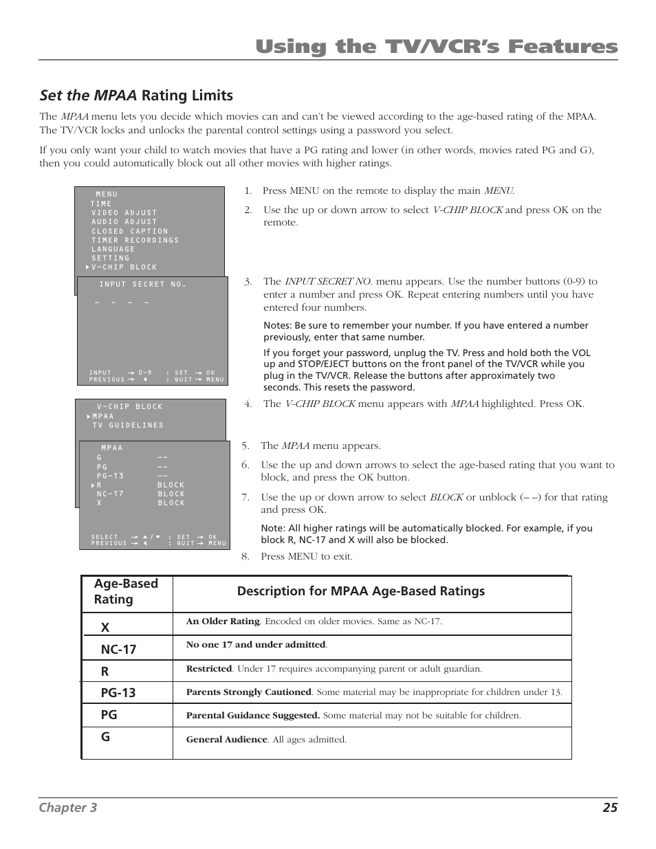 Using the tv/vcr’s features, Set the mpaa rating limits, Chapter 3 25 | RCA TV/VCR User Manual | Page 27 / 56