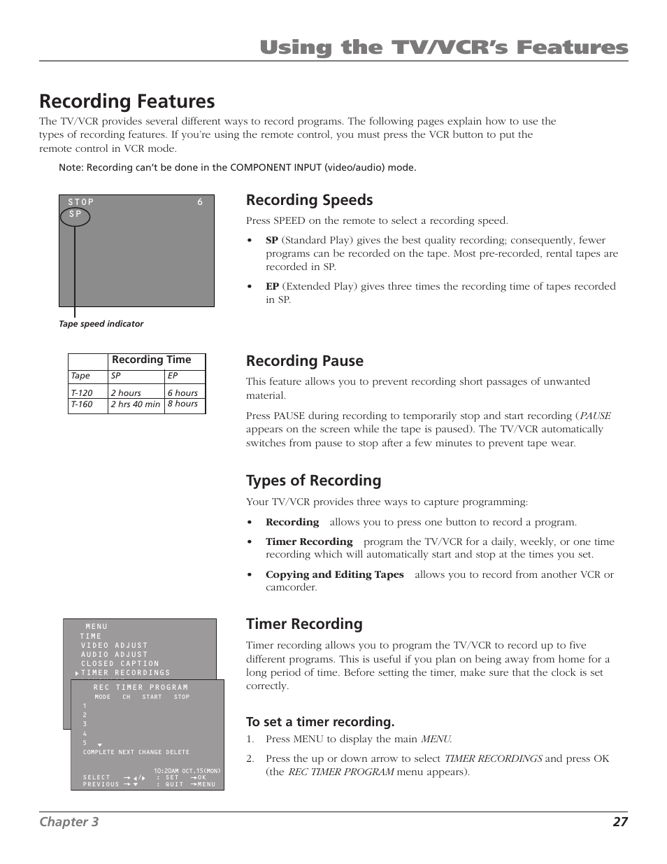 Using the tv/vcr’s features, Recording features, Recording speeds | Recording pause, Types of recording, Timer recording, Chapter 3 27 | RCA TV/VCR User Manual | Page 29 / 56