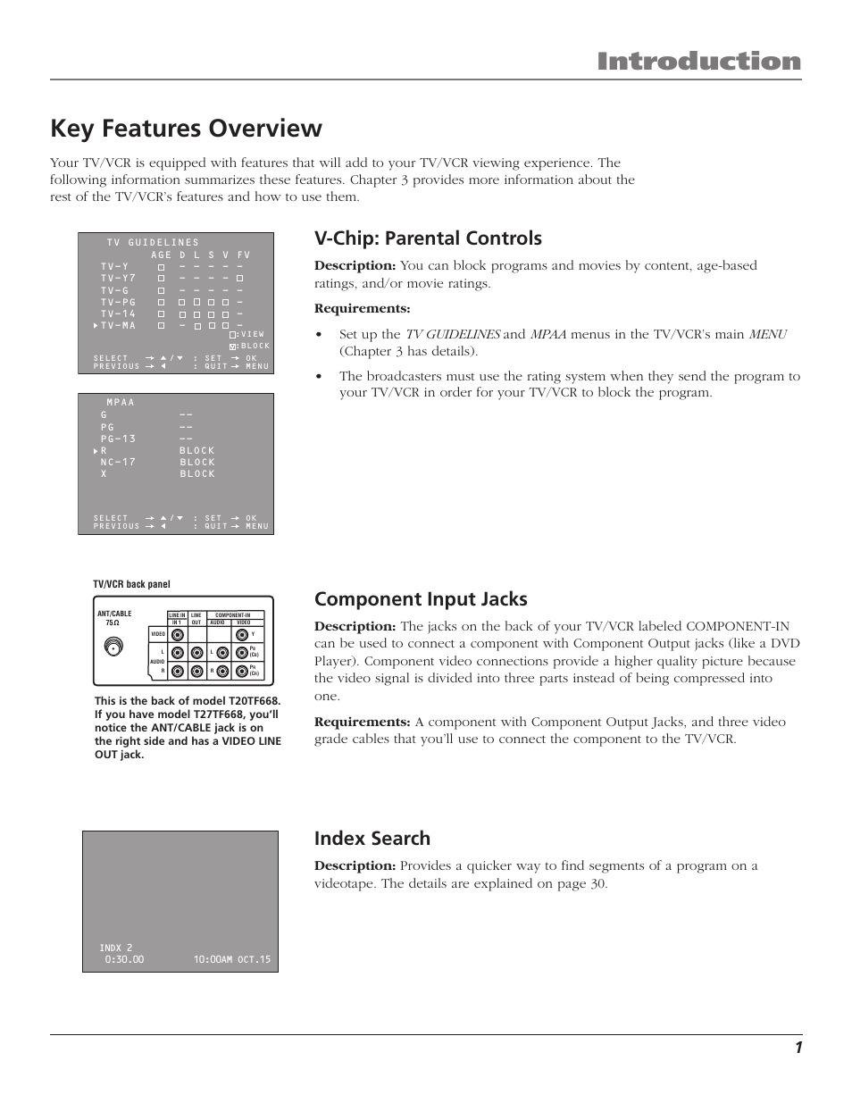 Introduction, Key features overview, V-chip: parental controls | Component input jacks, Index search | RCA TV/VCR User Manual | Page 3 / 56