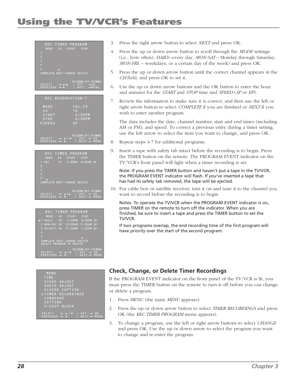 Using the tv/vcr’s features, 28 chapter 3, Check, change, or delete timer recordings | RCA TV/VCR User Manual | Page 30 / 56