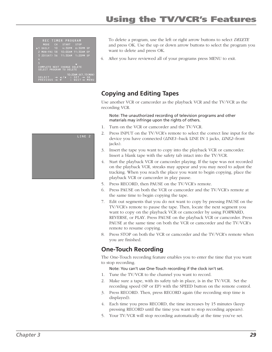 Using the tv/vcr’s features, Copying and editing tapes, One-touch recording | Chapter 3 29 | RCA TV/VCR User Manual | Page 31 / 56