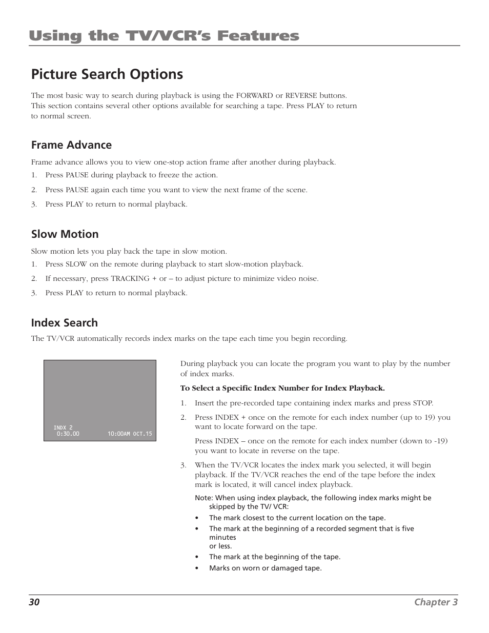 Using the tv/vcr’s features, Picture search options, Frame advance | Slow motion, Index search | RCA TV/VCR User Manual | Page 32 / 56