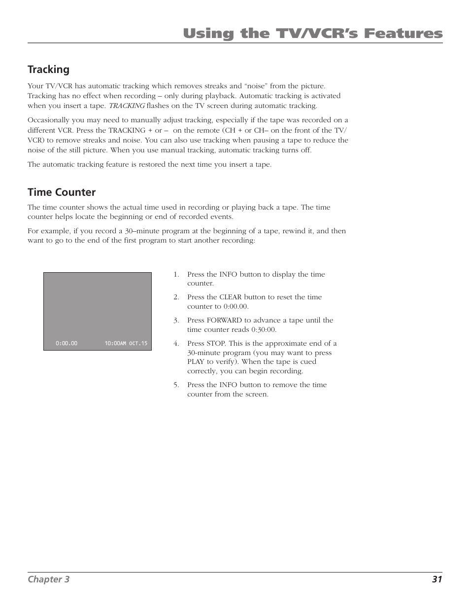 Using the tv/vcr’s features, Tracking, Time counter | RCA TV/VCR User Manual | Page 33 / 56