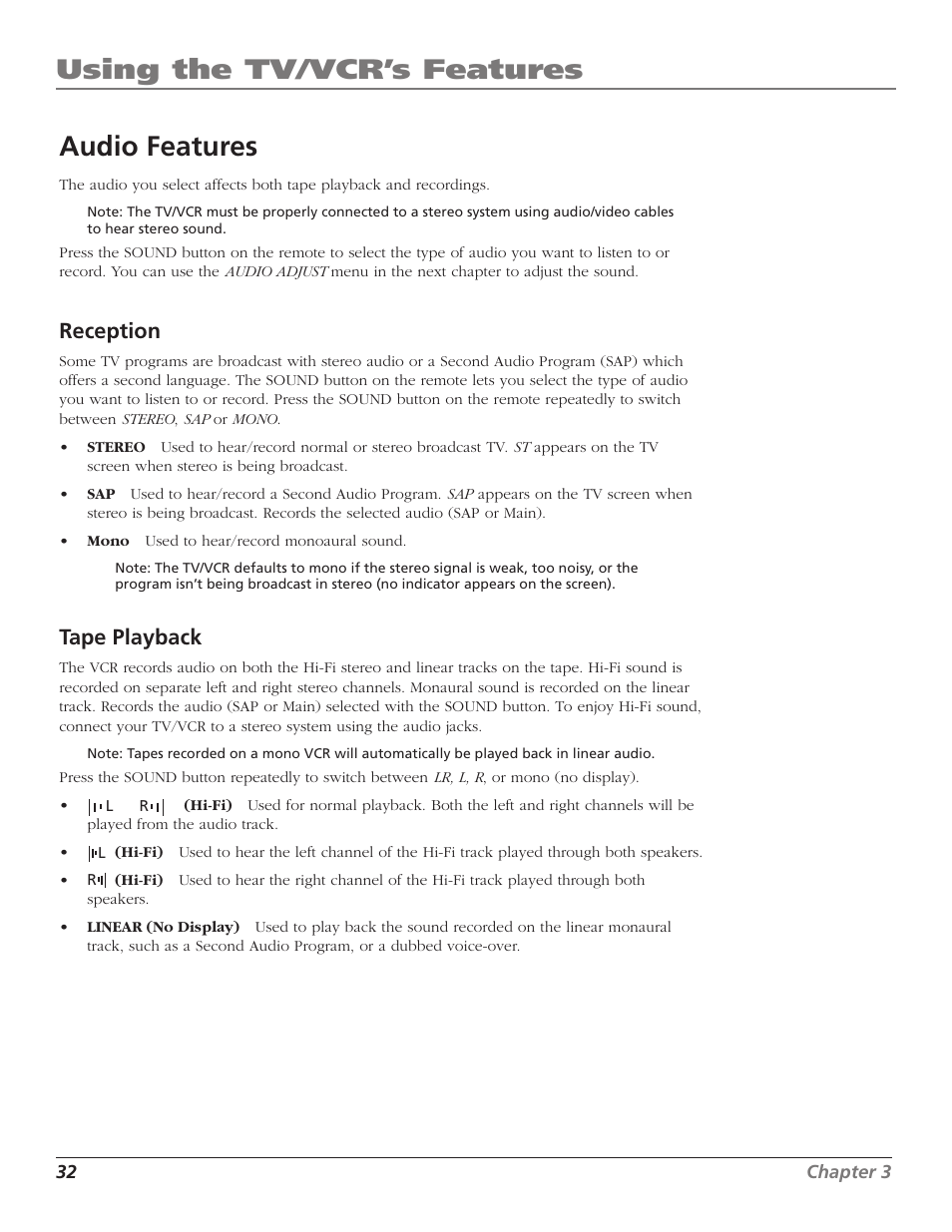 Using the tv/vcr’s features, Audio features, Reception | Tape playback | RCA TV/VCR User Manual | Page 34 / 56