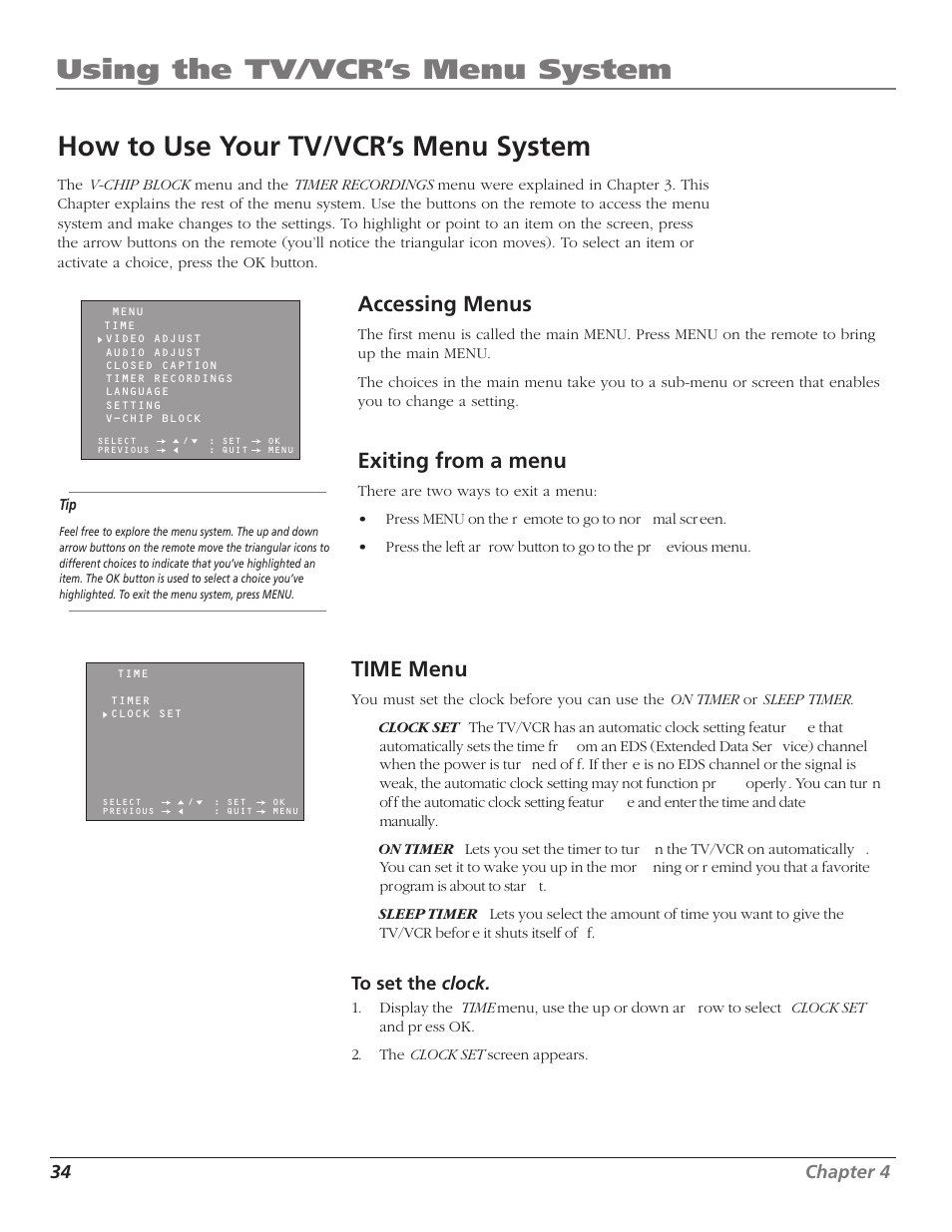 Using the tv/vcr’s menu system, How to use your tv/vcr’s menu system, Time menu | Accessing menus, Exiting from a menu | RCA TV/VCR User Manual | Page 36 / 56