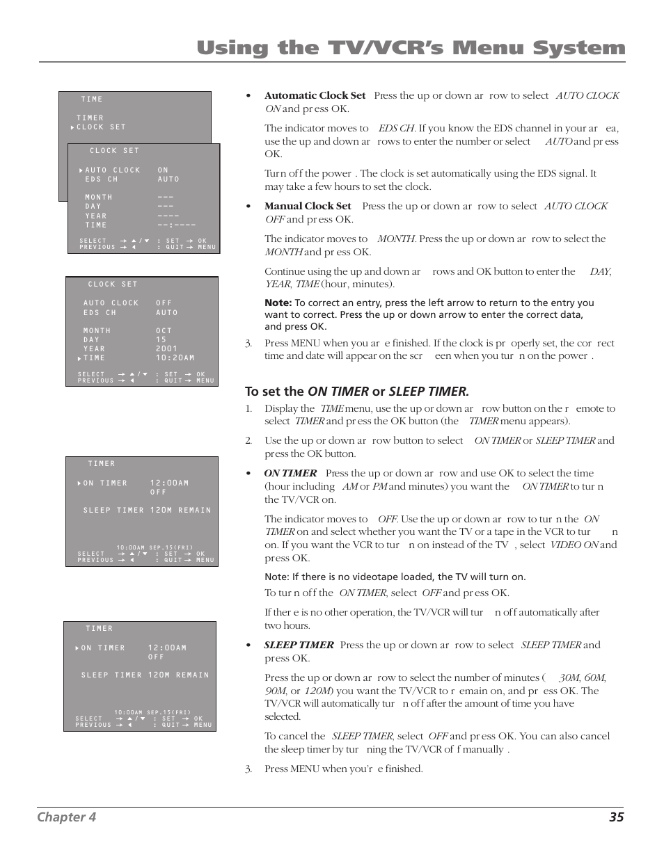 Using the tv/vcr’s menu system, Chapter 4 35 | RCA TV/VCR User Manual | Page 37 / 56