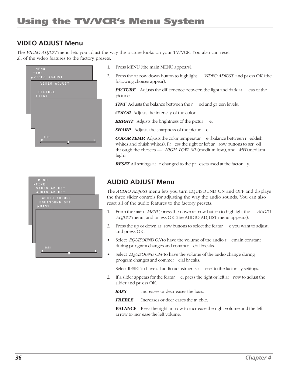 Using the tv/vcr’s menu system, Video adjust menu, Audio adjust menu | 36 chapter 4 | RCA TV/VCR User Manual | Page 38 / 56