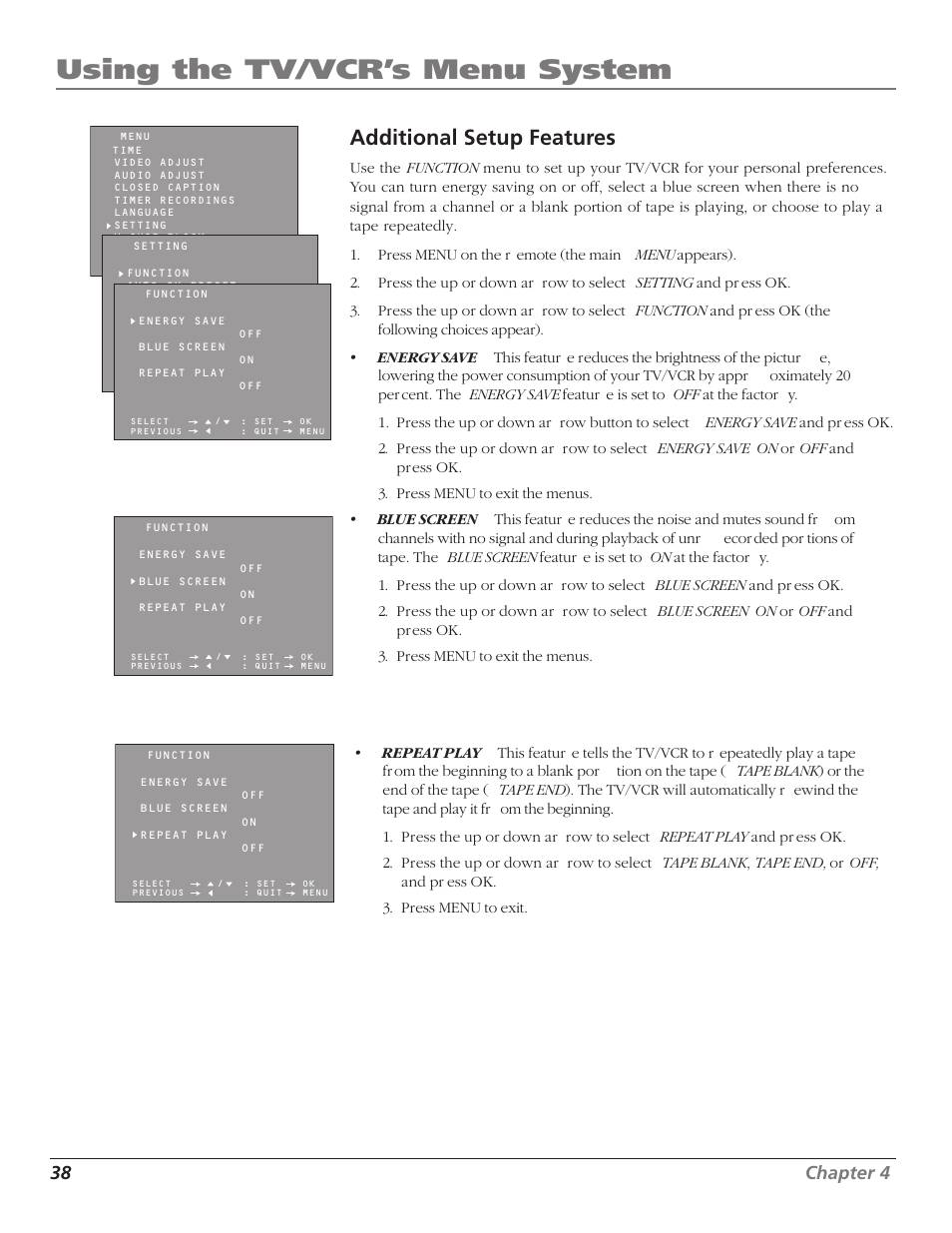 Using the tv/vcr’s menu system, Additional setup features, 38 chapter 4 | RCA TV/VCR User Manual | Page 40 / 56